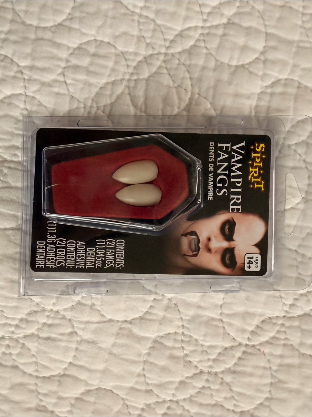 Spirit Vampire Fangs – White Faux Teeth with Red Coffin Tray